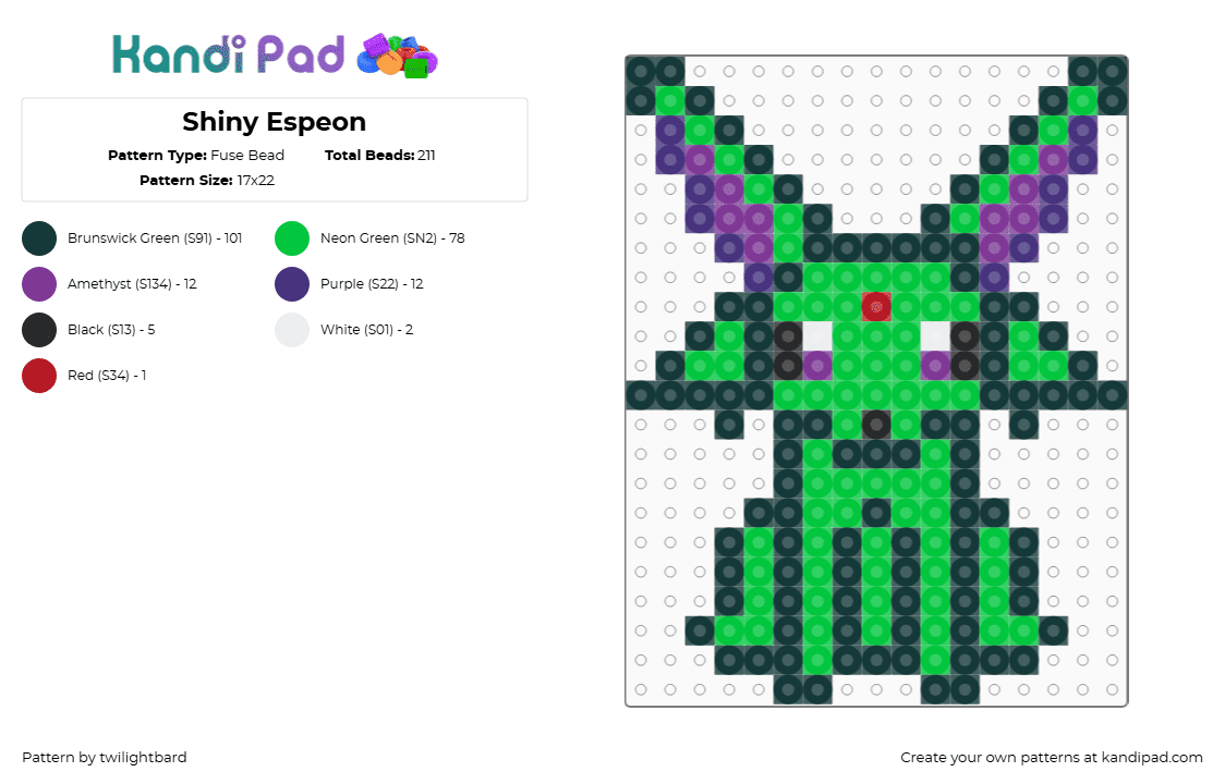Shiny Espeon - Fuse Bead Pattern by twilightbard on Kandi Pad - espeon,evolution,eevee,character,gaming,pokemon,video game,black,green
