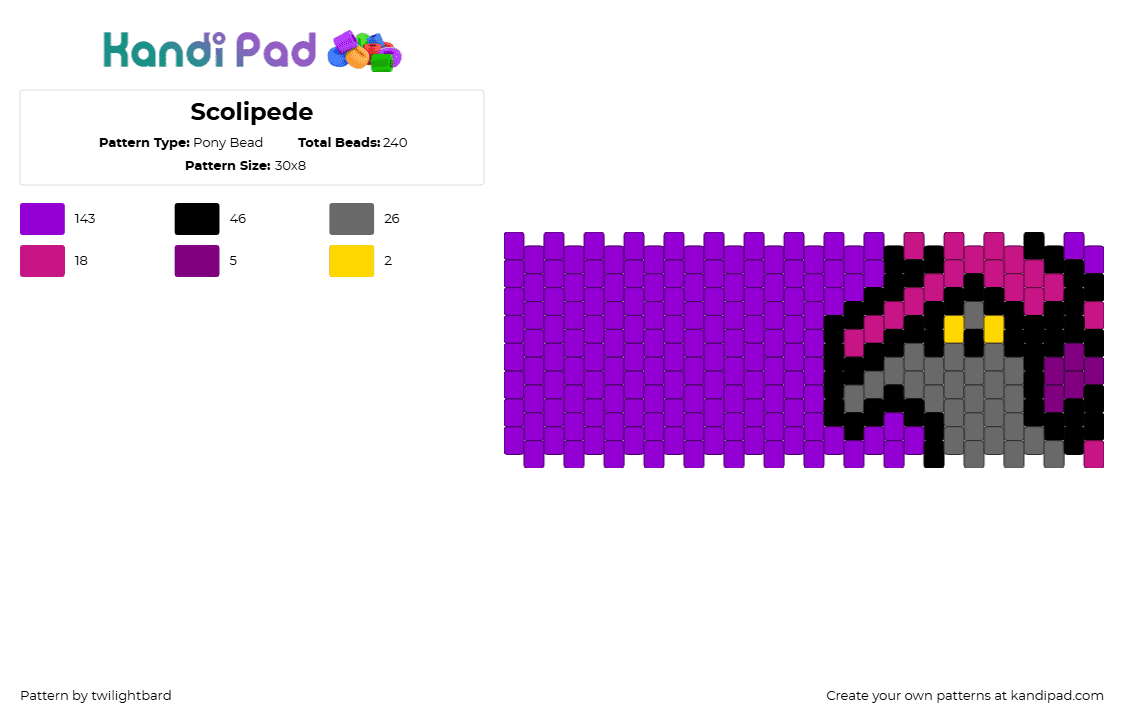 Scolipede - Pony Bead Pattern by twilightbard on Kandi Pad - purple,pokemon,scolipede
