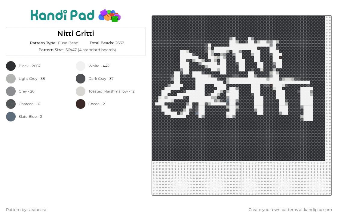 Nitti Gritti - Fuse Bead Pattern by sarabeara on Kandi Pad - nitti gritti,dj,edm,music,text,monochromatic,stylized,brand,white,black