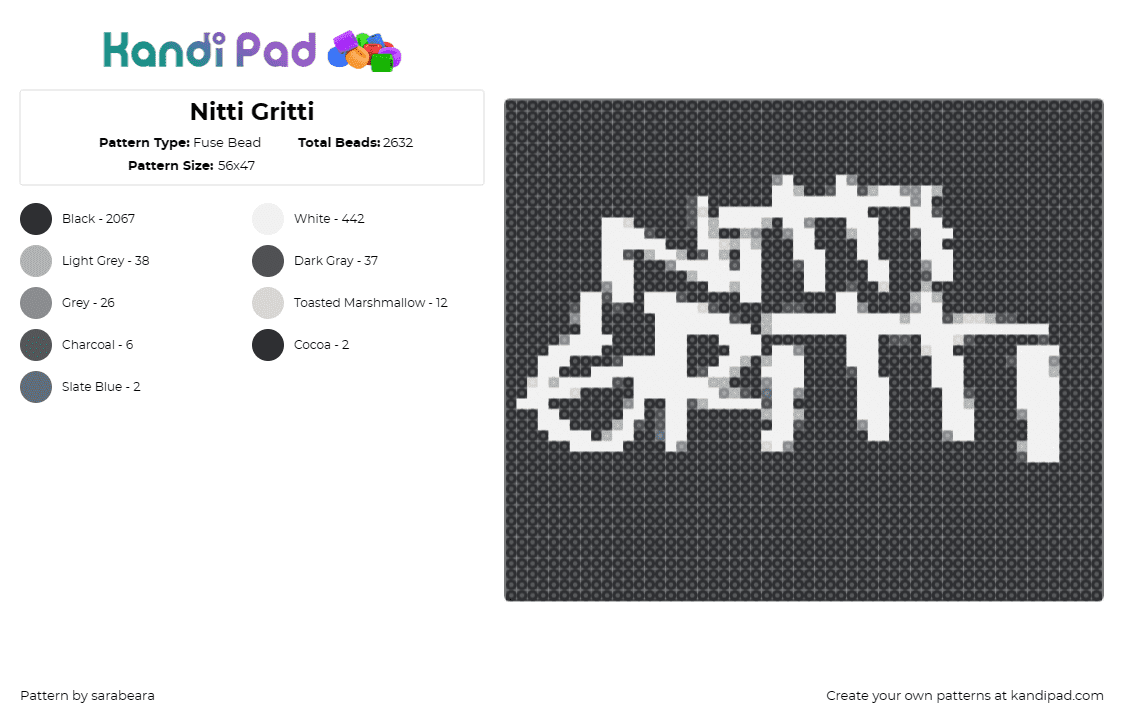 Nitti Gritti - Fuse Bead Pattern by sarabeara on Kandi Pad - nitti gritti,dj,edm,music,text,monochromatic,stylized,brand,white,black