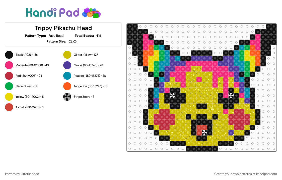 Trippy Pikachu Head - Fuse Bead Pattern by kittersandco on Kandi Pad - character, edm, pikachu, pink, pokemon, rave, trippy, yellow