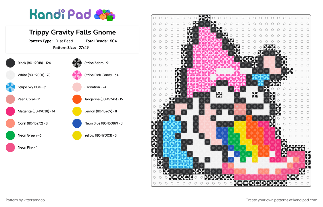 Trippy Gravity Falls Gnome - Fuse Bead Pattern by kittersandco on Kandi Pad - beige, black, cartoon, colorful, edm, gnome, gravity falls, light blue, pink, rave, trippy, tv show