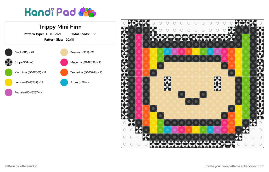 Trippy Mini Finn - Fuse Bead Pattern by kittersandco on Kandi Pad - adventure time, beige, black, cartoon, character, festival, finn, lost lands, rave, trippy