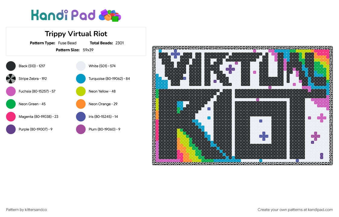 Trippy Virtual Riot - Fuse Bead Pattern by kittersandco on Kandi Pad - black, colorful, dj, green, light blue, lost lands, pink, trippy, virtual riot, white