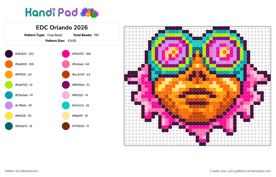 Melty Goggle Face - Fuse Bead Pattern by kittersandco on Kandi Pad - dj, edc, edc orlando, edco, face, music, rainbow, trippy