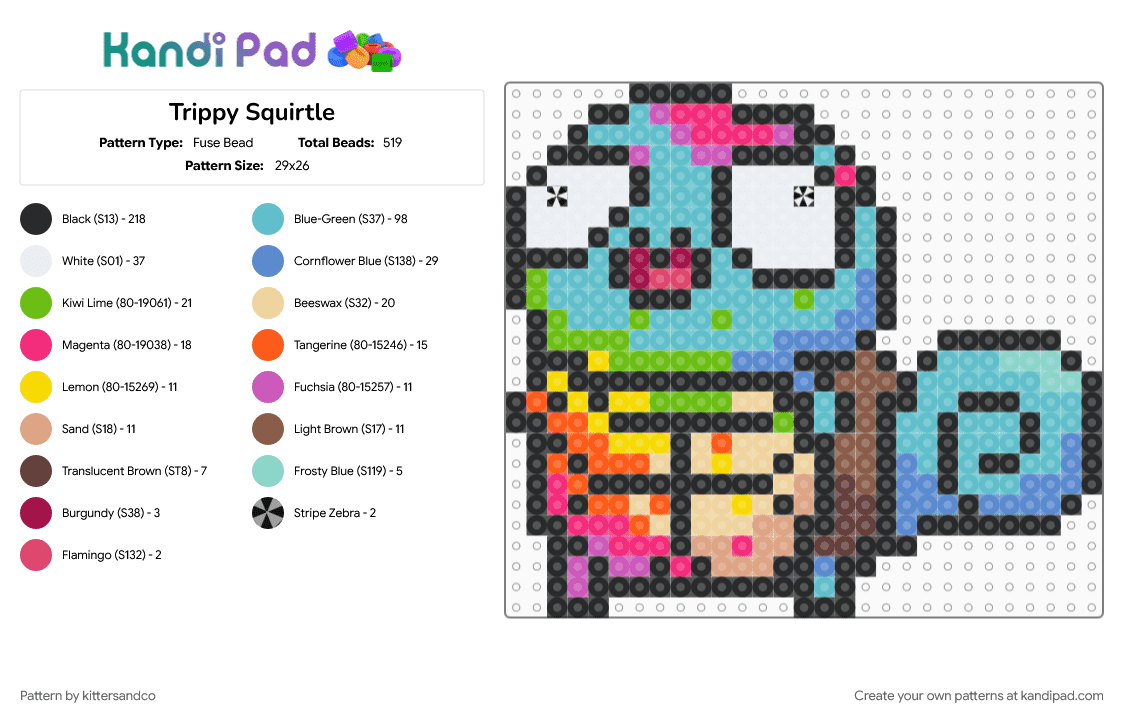Trippy Squirtle - Fuse Bead Pattern by kittersandco on Kandi Pad - beige, black, blue, colorful, edm, pokemon, rave, squirtle, teal, trippy
