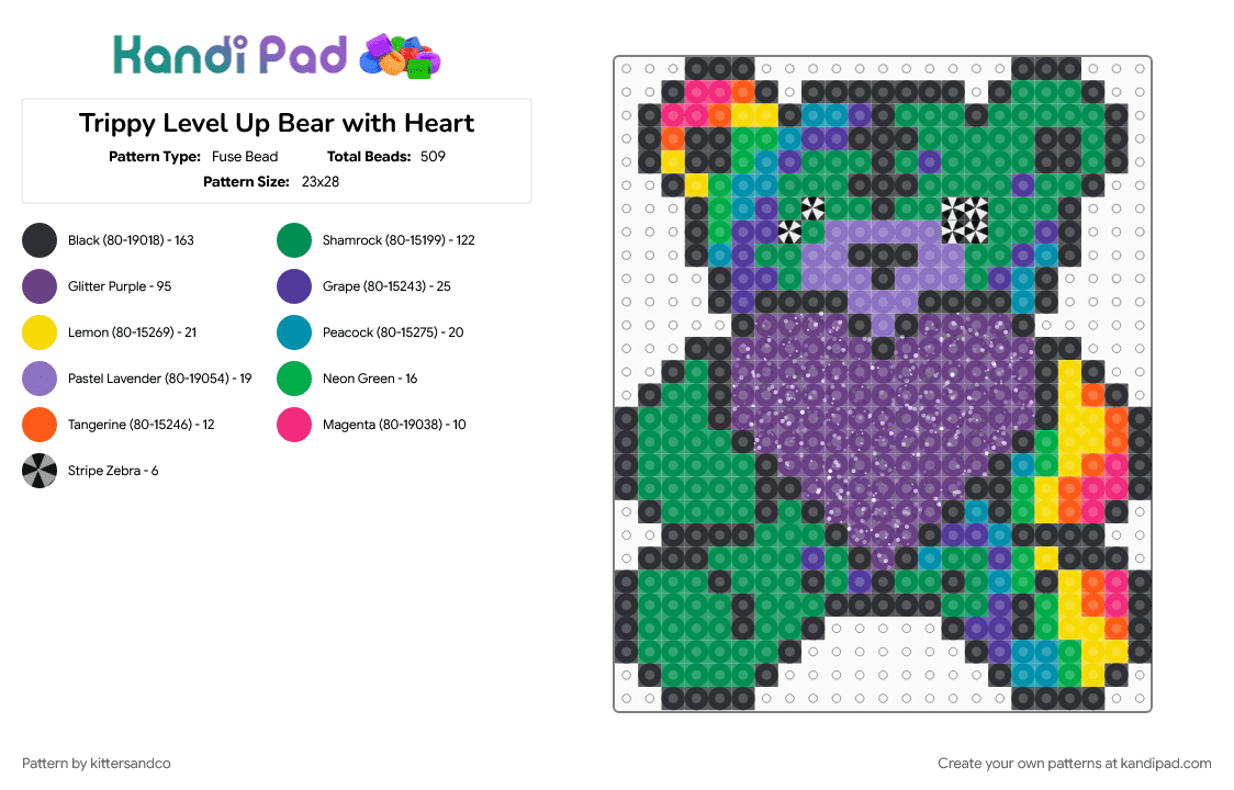 Trippy Level Up Bear with Heart - Fuse Bead Pattern by kittersandco on Kandi Pad - bear, edm, green, heart, level up, leveltronics, purple, rave, teddy bear, trippy