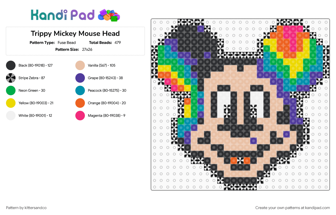 Trippy Mickey Mouse Head - Fuse Bead Pattern by kittersandco on Kandi Pad - beige, black, character, disney, edm, head, mickey, mickey mouse, purple, rave, trippy
