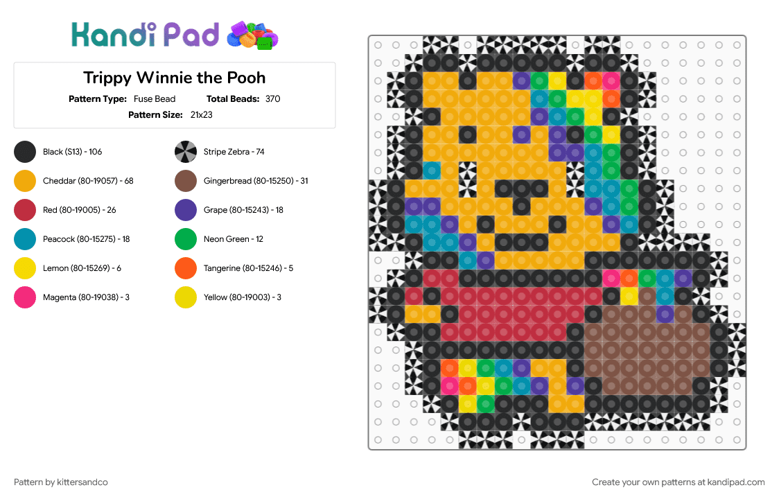 Trippy Winnie the Pooh - Fuse Bead Pattern by kittersandco on Kandi Pad - black, character, edm, orange, psychedelic, red, tan, trippy, winnie the pooh