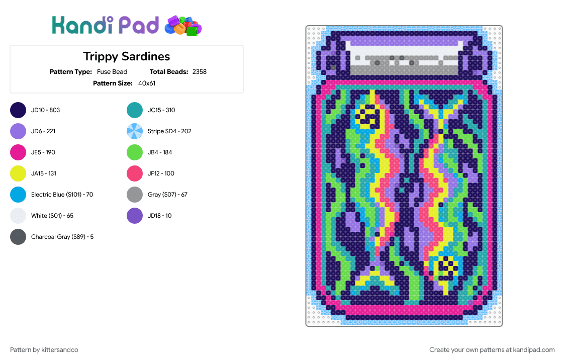 Trippy Sardines - Fuse Bead Pattern by kittersandco on Kandi Pad - colorful, cotdseafood, fish, light blue, pink, purple, sardine, teal, tin fish, trippy
