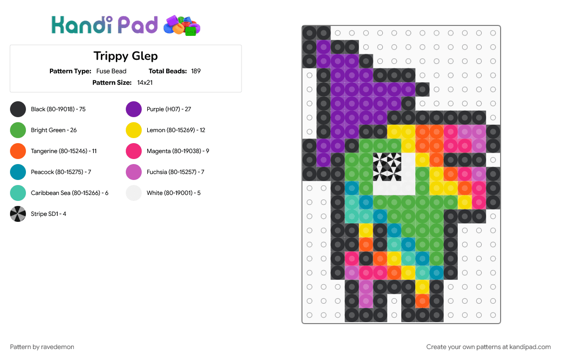 Trippy Glep - Fuse Bead Pattern by kittersandco on Kandi Pad - black, cartoon, character, colorful, geometric, green, pink, purple, smiling friends, trippy