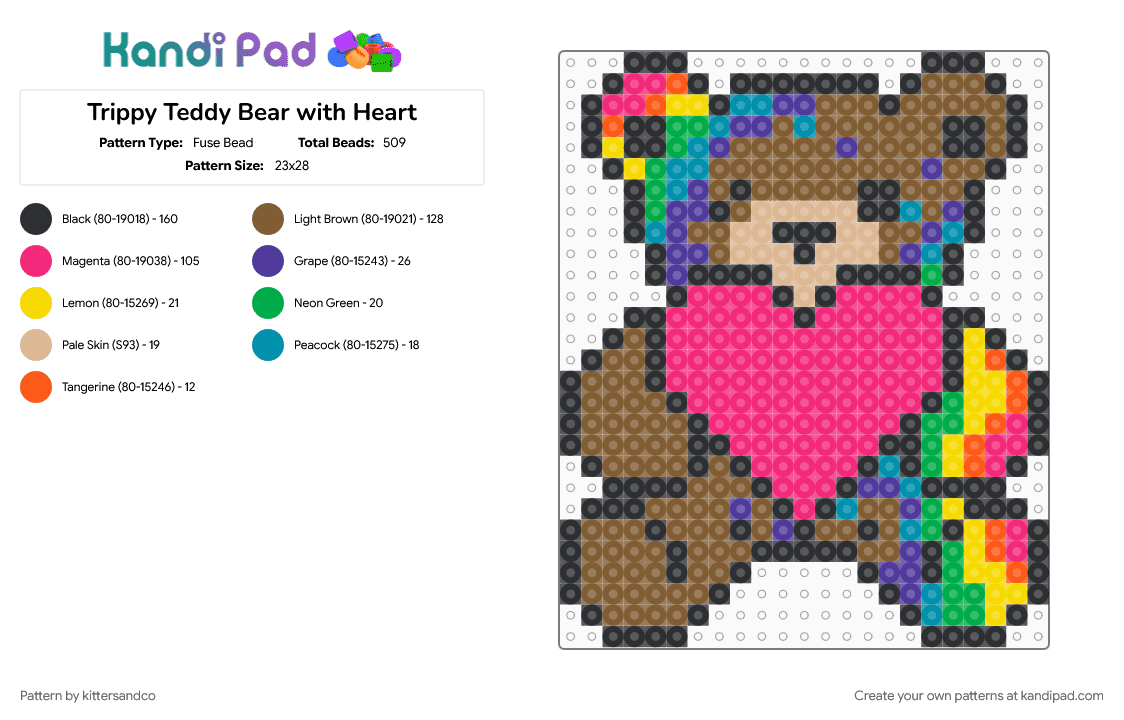 Trippy Teddy Bear with Heart - Fuse Bead Pattern by kittersandco on Kandi Pad - bear, cute, edm, heart, pink, plur, rave, tan, teddy bear, trippy