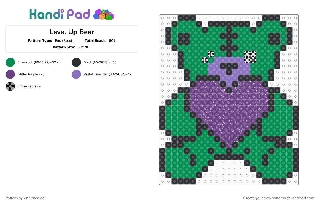 Level Up Bear - Fuse Bead Pattern by kittersandco on Kandi Pad - bear, edm, green, heart, level up, leveltronics, rave