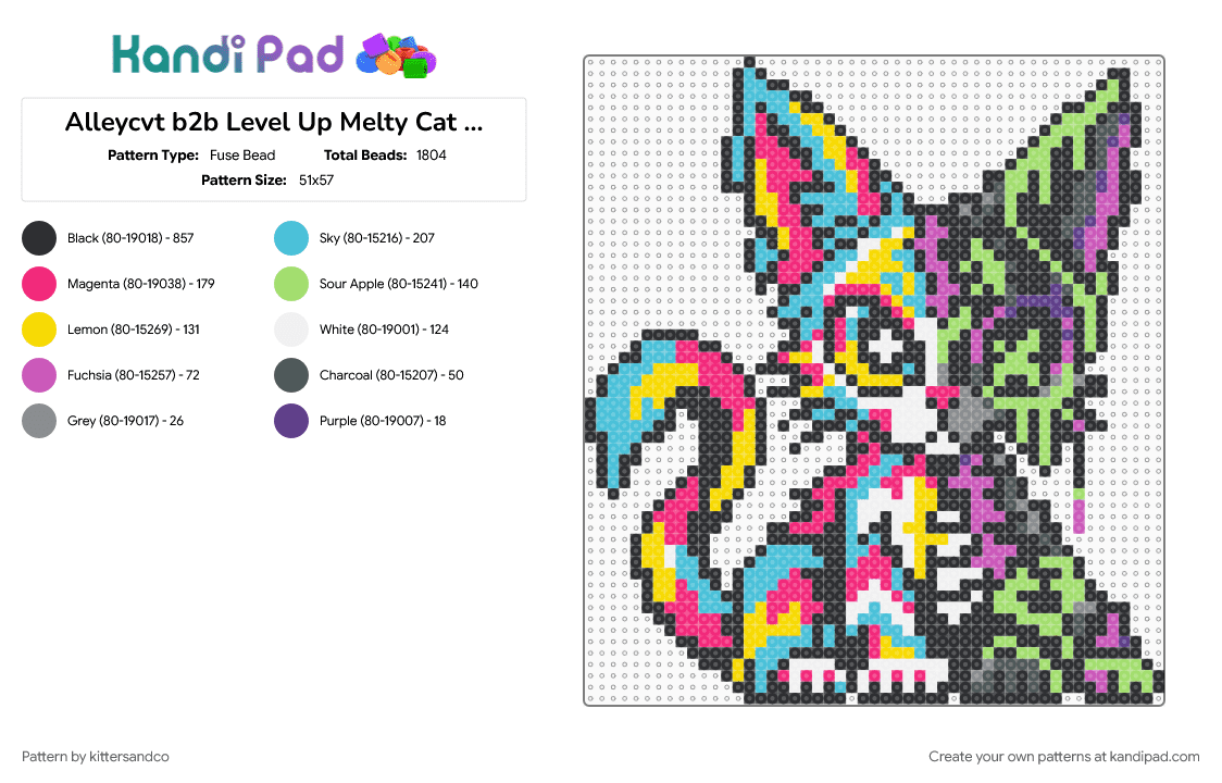 Alleycvt b2b Level Up Melty Cat | Cyclops Cove 4 - Fuse Bead Pattern by kittersandco on Kandi Pad - alleycvt, b2b, black, cat, colorful, cyclops cove, edm, festival, level up, light blue, original design, pink, yellow