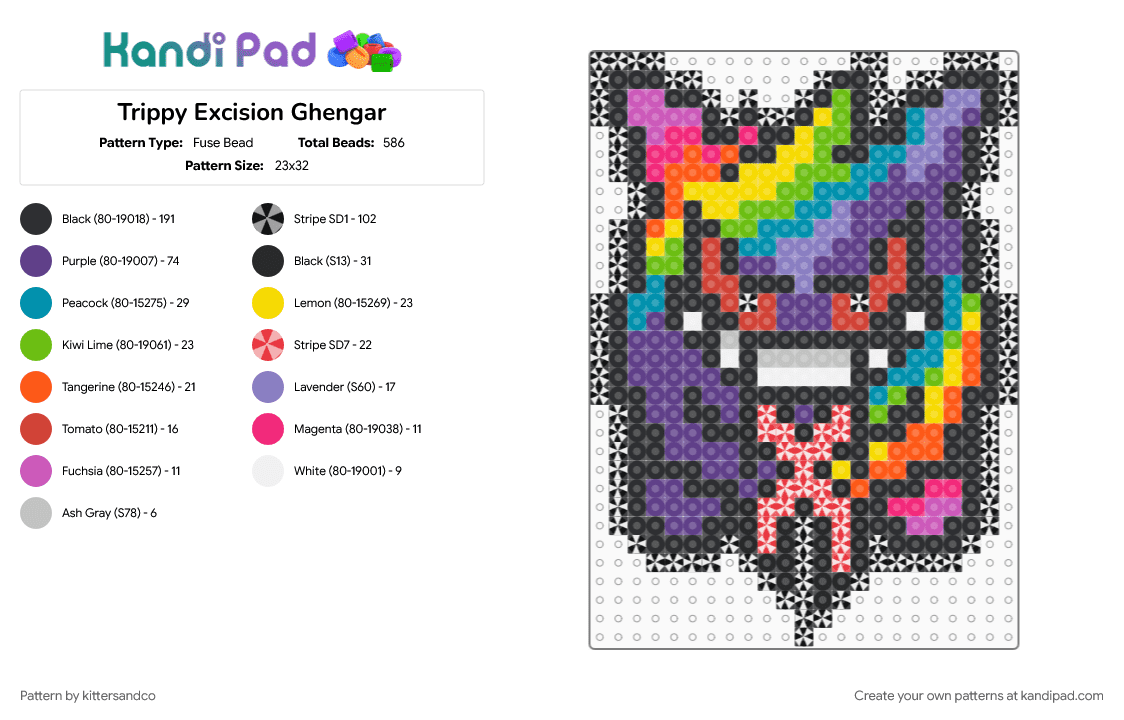 Trippy Excision Ghengar - Fuse Bead Pattern by kittersandco on Kandi Pad - black, character, colorful, excision, festival, ghengar, pokemon, purple, rave, teal, trippy