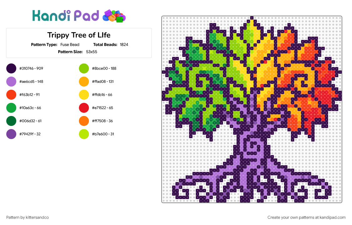 Trippy Tree of LIfe - Fuse Bead Pattern by kittersandco on Kandi Pad - colorful, cotdevolution, green, nature, purple, rainbow, tree, tree of life, trippy