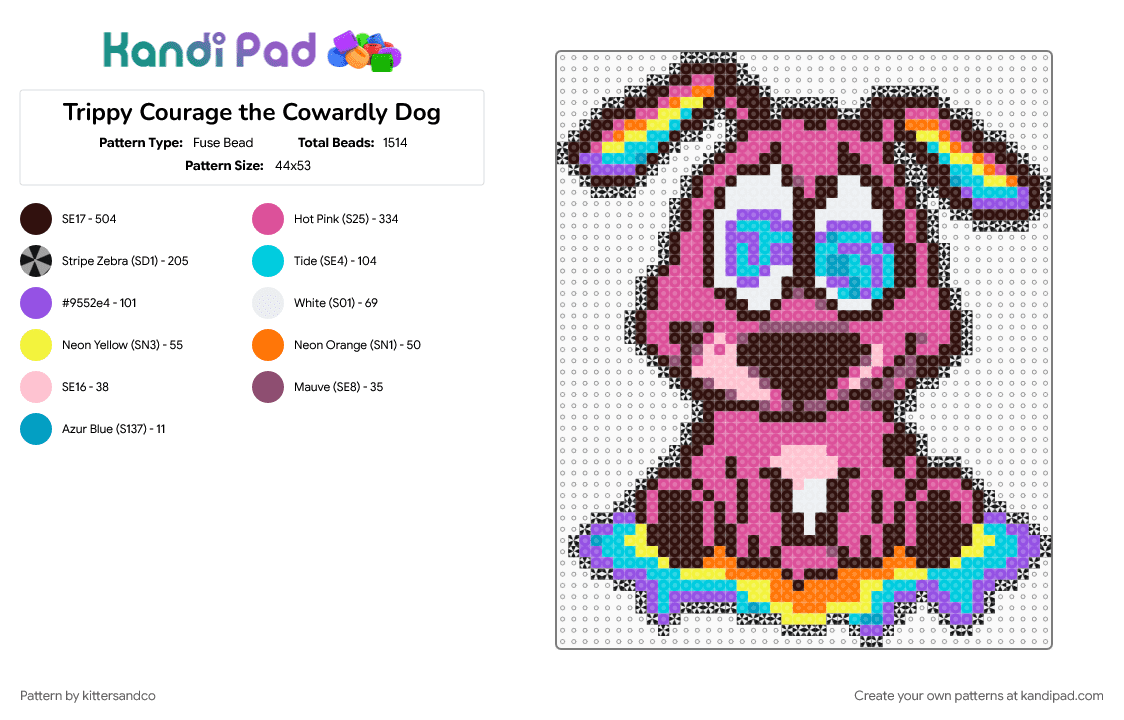 Trippy Courage the Cowardly Dog - Fuse Bead Pattern by kittersandco on Kandi Pad - brown, cartoon, character, cotdoldschoolcartoons, courage the cowardly dog, edm, pink, rainbow, rave, trippy