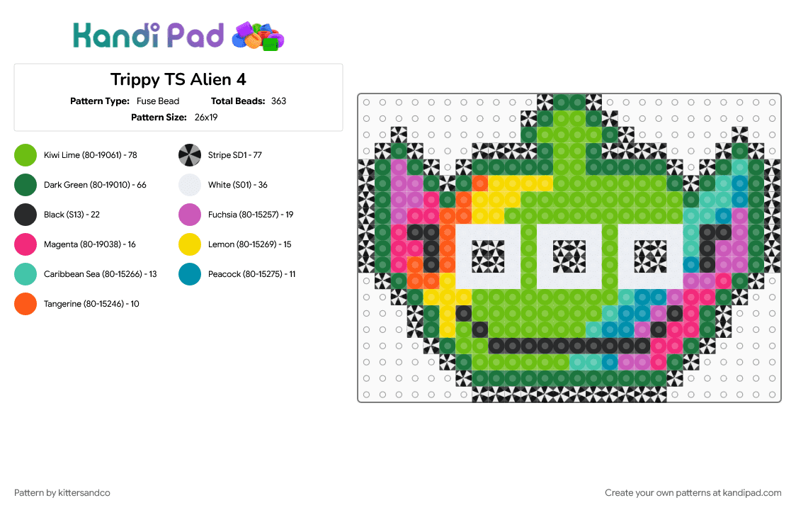 Trippy TS Alien 4 - Fuse Bead Pattern by kittersandco on Kandi Pad - alien, cartoon, colorful, green, rave, toy story, trippy