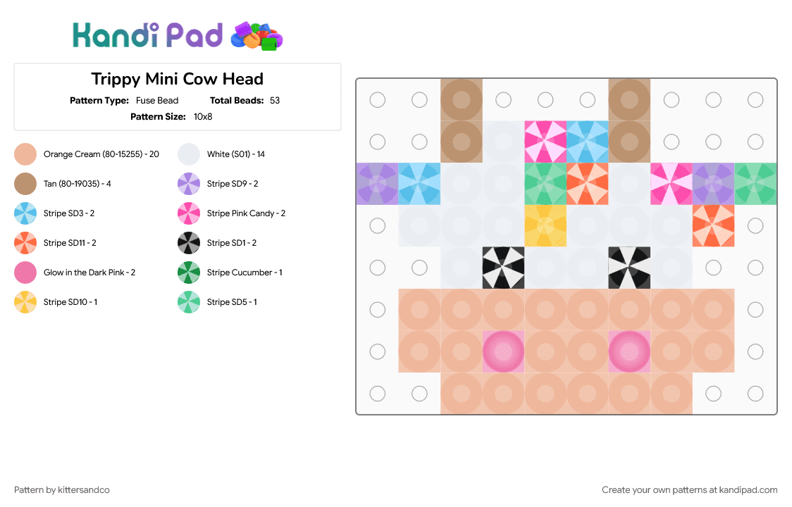 Trippy Mini Cow Head - Fuse Bead Pattern by kittersandco on Kandi Pad - beige, cow, festival, head, lost lands, pink, rave, small, trippy
