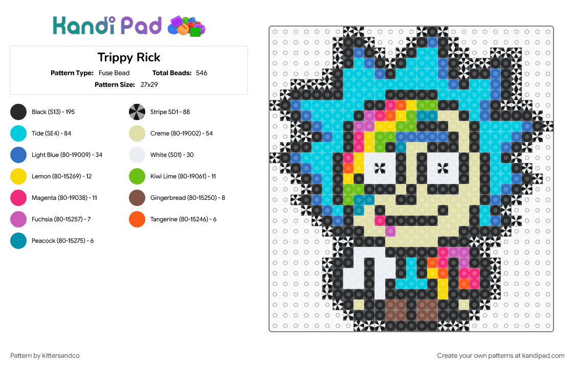 Trippy Rick - Fuse Bead Pattern by kittersandco on Kandi Pad - black, blue, cartoon, character, colorful, light blue, rainbow, rave, rick and morty, rick sanchez, trippy, yellow