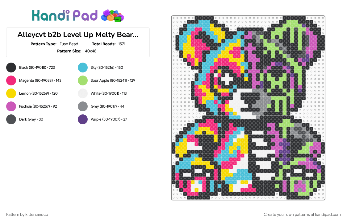 Alleycvt b2b Level Up Melty Bear | Cyclops Cove 4 - Fuse Bead Pattern by kittersandco on Kandi Pad - alleycvt, b2b, black, colorful, cyclops cove, edm, green, level up, original design, pink, rave, subtronics