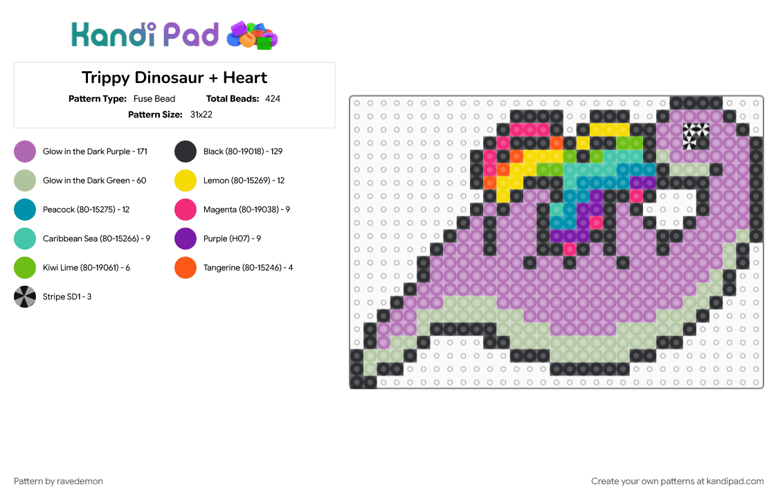 Trippy Dinosaur + Heart - Fuse Bead Pattern by kittersandco on Kandi Pad - beige, pink