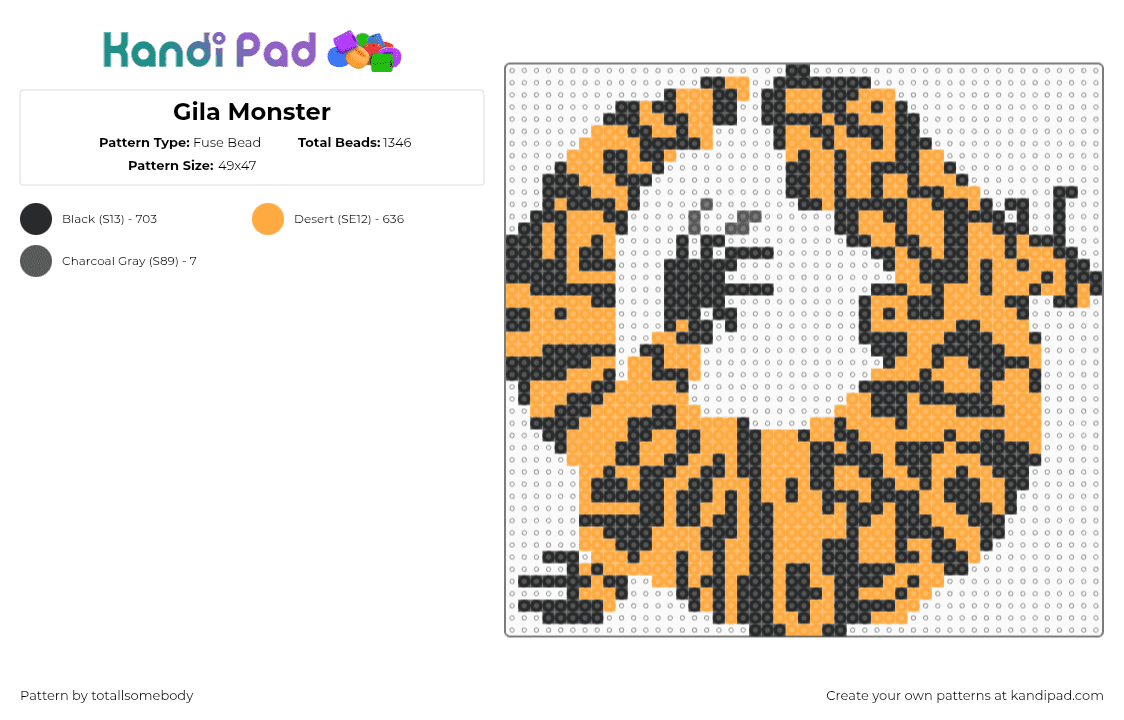 Gila Monster - Fuse Bead Pattern by totallsomebody on Kandi Pad - gila monster,lizard,reptile,animal,orange,black