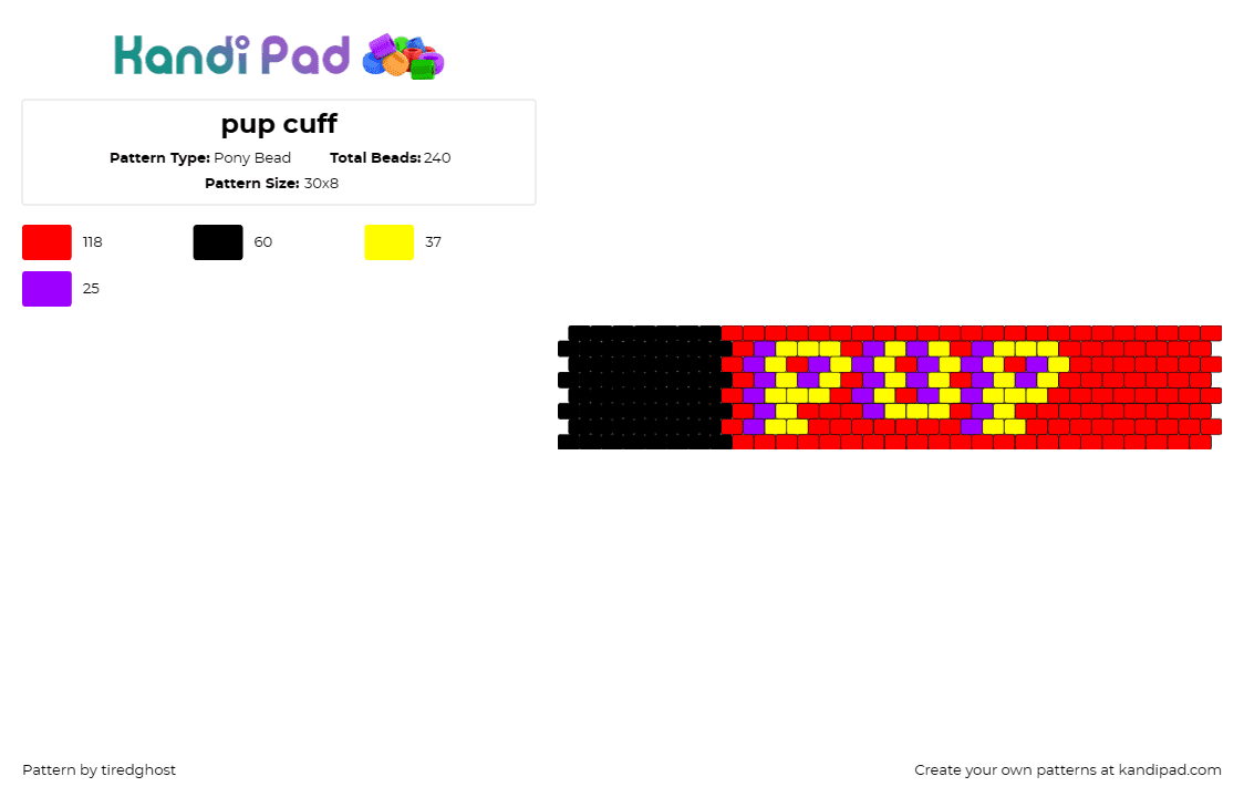 pup cuff - Pony Bead Pattern by tiredghost on Kandi Pad - pup,text,cuff,pet,playful,personalized,red