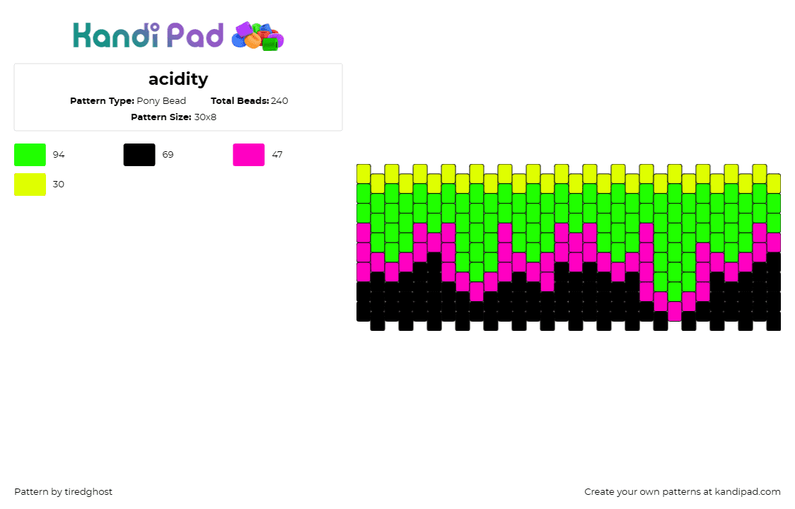 acidity - Pony Bead Pattern by tiredghost on Kandi Pad - trippy,acid,drip,dark,neon,cuff,green,pink,black