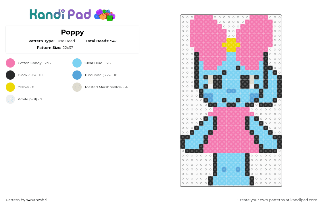 Poppy - Fuse Bead Pattern by s4tvrnzsh3ll on Kandi Pad - poppy,dandys world,character,video game,pink,light blue