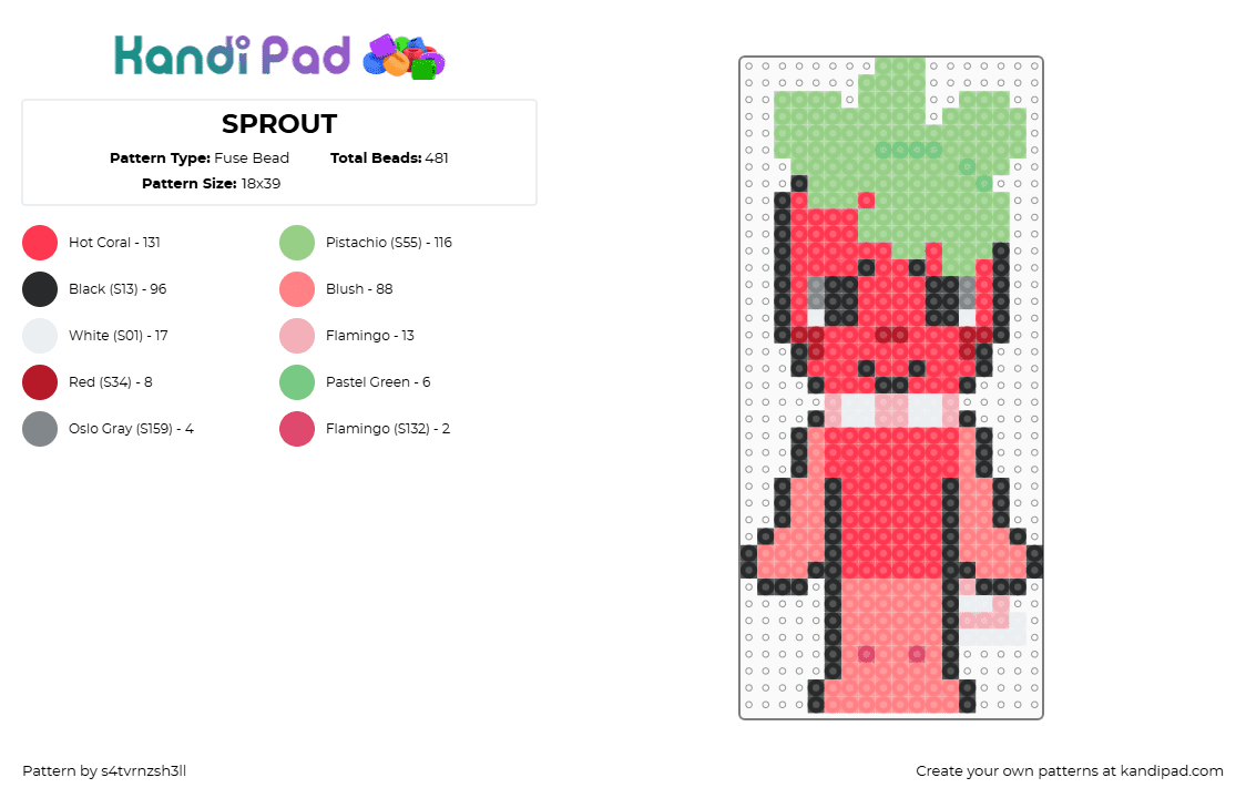 SPROUT - Fuse Bead Pattern by s4tvrnzsh3ll on Kandi Pad - sprout,dandys world,character,video game,pink,green