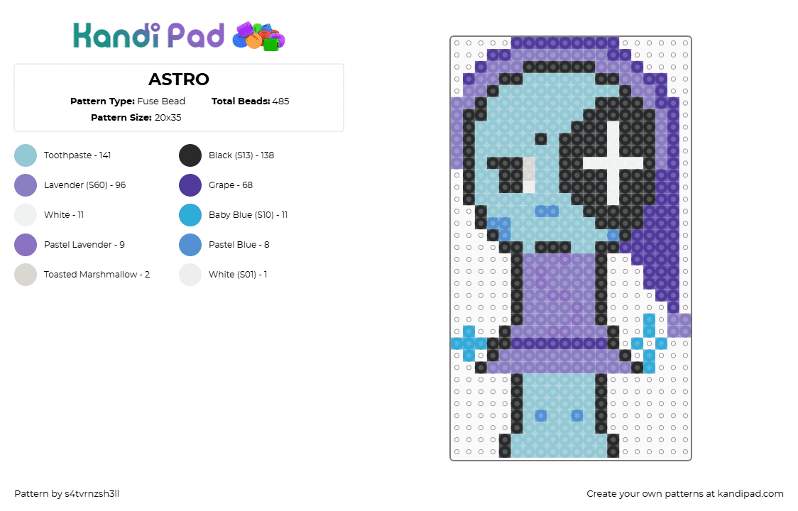 ASTRO - Fuse Bead Pattern by s4tvrnzsh3ll on Kandi Pad - astro,dandys world,character,video game,purple,light blue