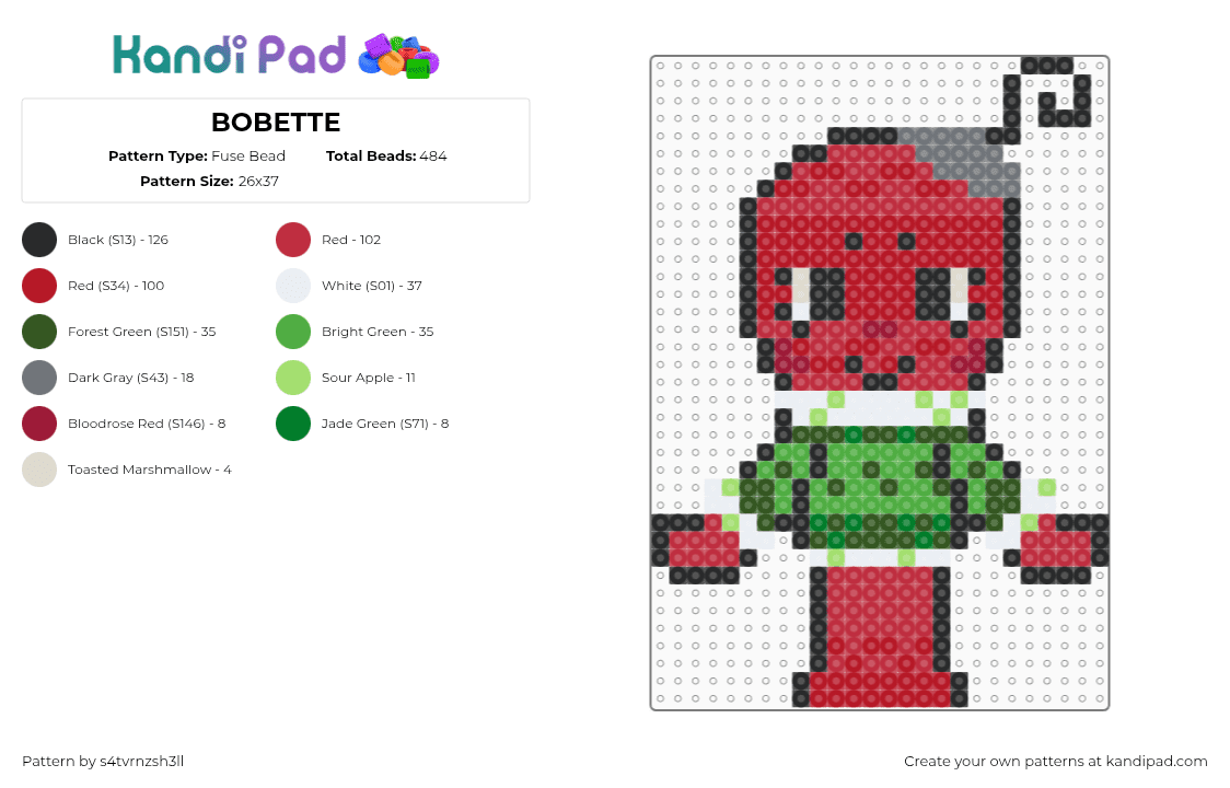 BOBETTE - Fuse Bead Pattern by s4tvrnzsh3ll on Kandi Pad - bobette,dandys world,character,video game,red,green