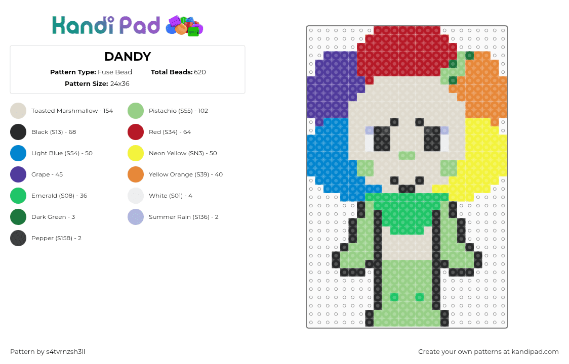 DANDY - Fuse Bead Pattern by s4tvrnzsh3ll on Kandi Pad - dandy,dandys world,character,flower,video game,colorful,green