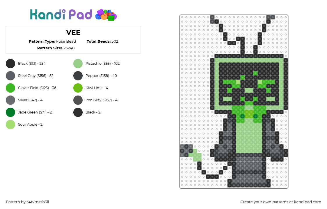 VEE - Fuse Bead Pattern by s4tvrnzsh3ll on Kandi Pad - vee,dandys world,character,video game,black,green