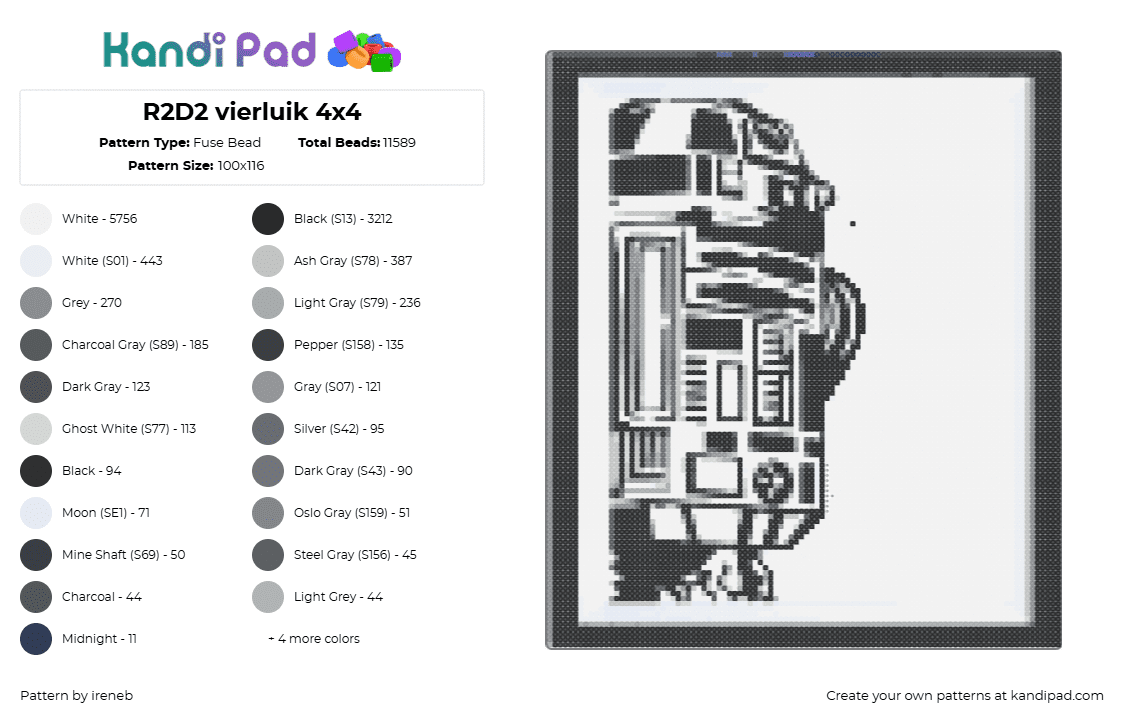 R2D2 vierluik 4x4 - Fuse Bead Pattern by ireneb on Kandi Pad - 