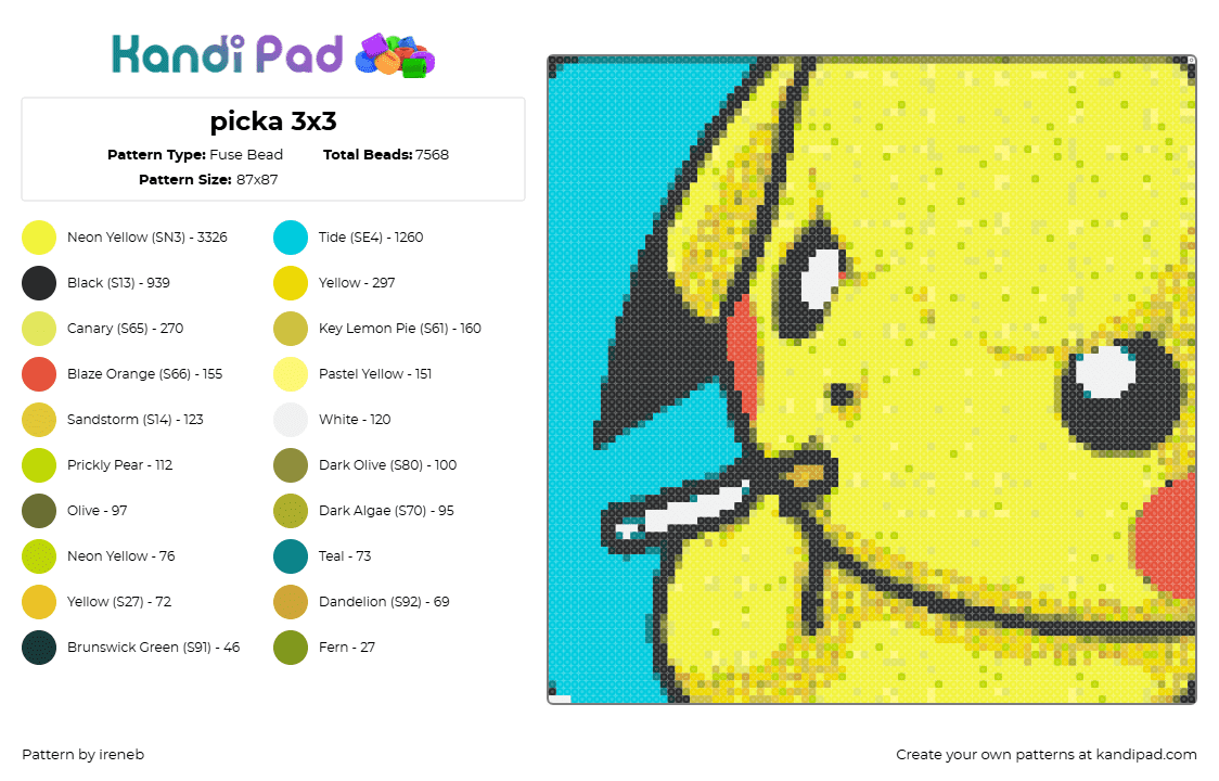 picka 3x3 - Fuse Bead Pattern by ireneb on Kandi Pad - pikachu,cigarette,pokemon,panel,portrait,gaming,smoking,yellow,teal