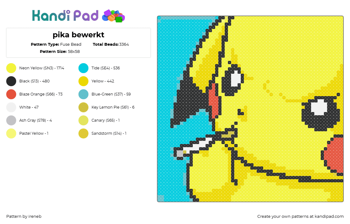 pika bewerkt - Fuse Bead Pattern by ireneb on Kandi Pad - pikachu,cigarette,pokemon,panel,portrait,gaming,smoking,yellow,teal