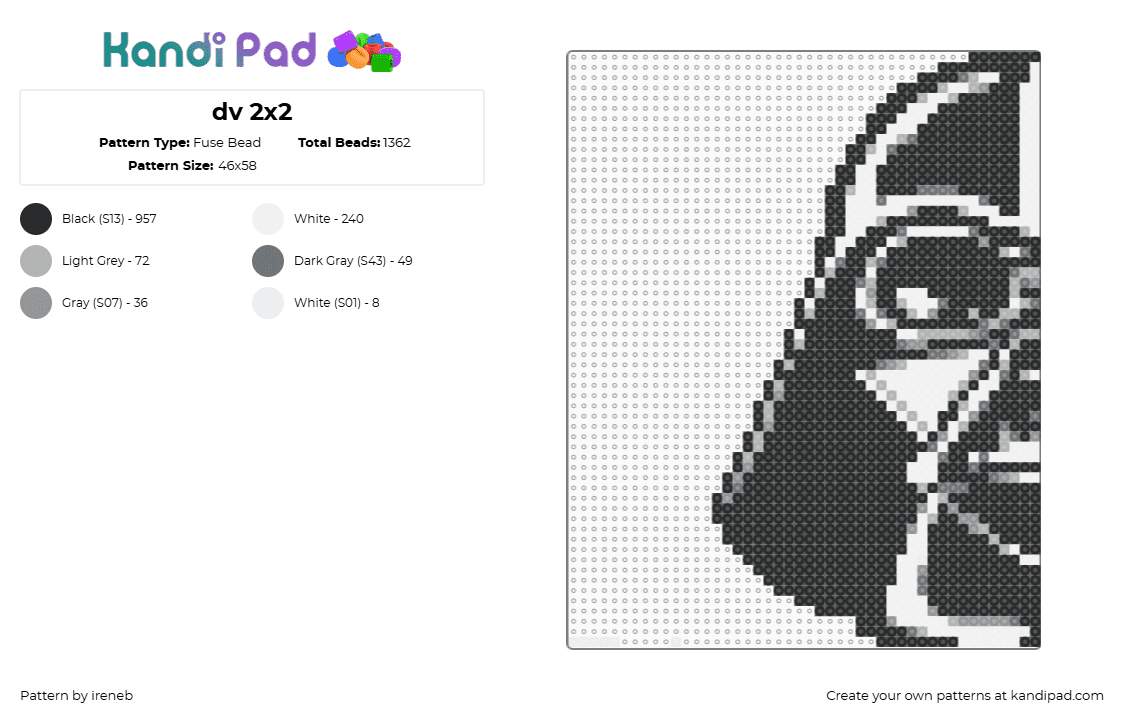 dv 2x2 - Fuse Bead Pattern by ireneb on Kandi Pad - darth vader,star wars,villain,helmet,scifi,movie,black