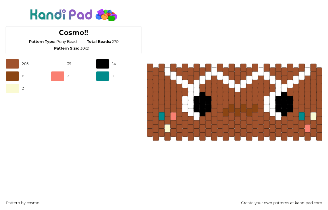 Cosmo!! - Pony Bead Pattern by cosmo on Kandi Pad - cosmo,dandys world,face,video game,cuff,brown