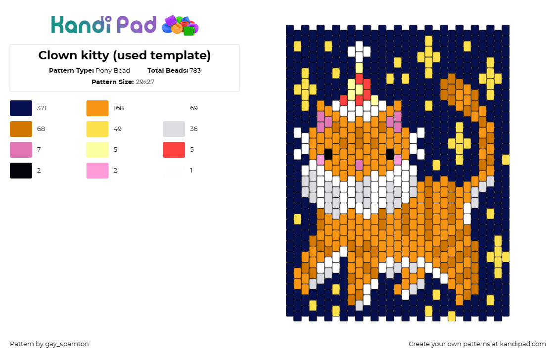 Clown kitty (used template) - Pony Bead Pattern by gay_spamton on Kandi Pad - cat,clown,stars,kitty,panel,playful,animal,orange,blue,yellow