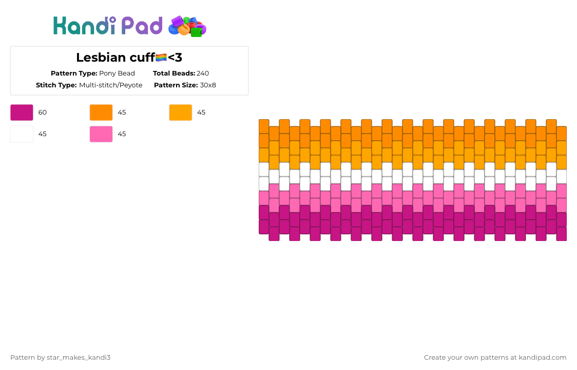 Lesbian cuff🏳️‍🌈 - Pony Bead Pattern by star_makes_kandi3 on Kandi Pad - orange,pink