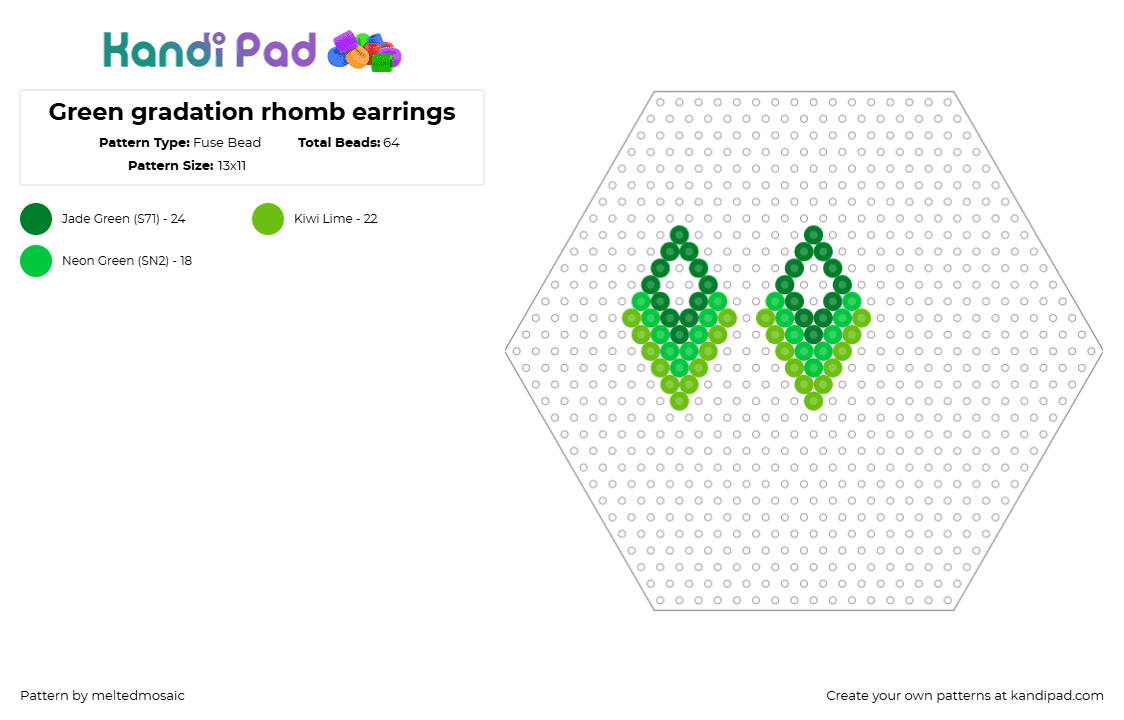 Green gradation rhomb earrings - Fuse Bead Pattern by meltedmosaic on Kandi Pad - diamond,earrings,jewelry,simple,geometric,green