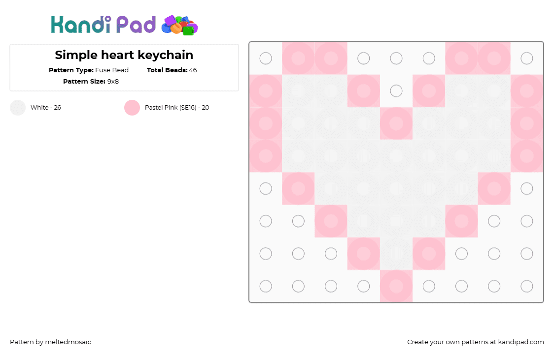 Simple heart keychain - Fuse Bead Pattern by meltedmosaic on Kandi Pad - heart,love,valentine,simple,charm,keychain,white,pink