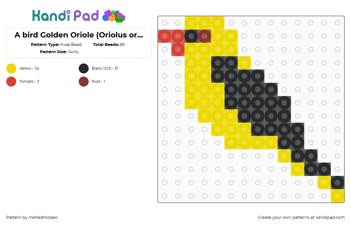 A bird Golden Oriole (Oriolus oriolus) keychain - Fuse Bead Pattern by meltedmosaic on Kandi Pad - golden oriole,bird,animal,charm,yellow,black