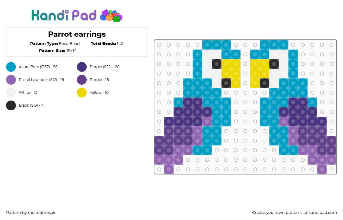 Parrot earrings - Fuse Bead Pattern by meltedmosaic on Kandi Pad - parrots,earrings,birds,animal,teal,purple