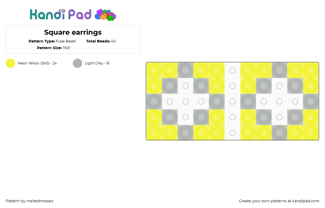 Square earrings - Fuse Bead Pattern by meltedmosaic on Kandi Pad - square,earrings,geometric,simple,jewelry,yellow,gray
