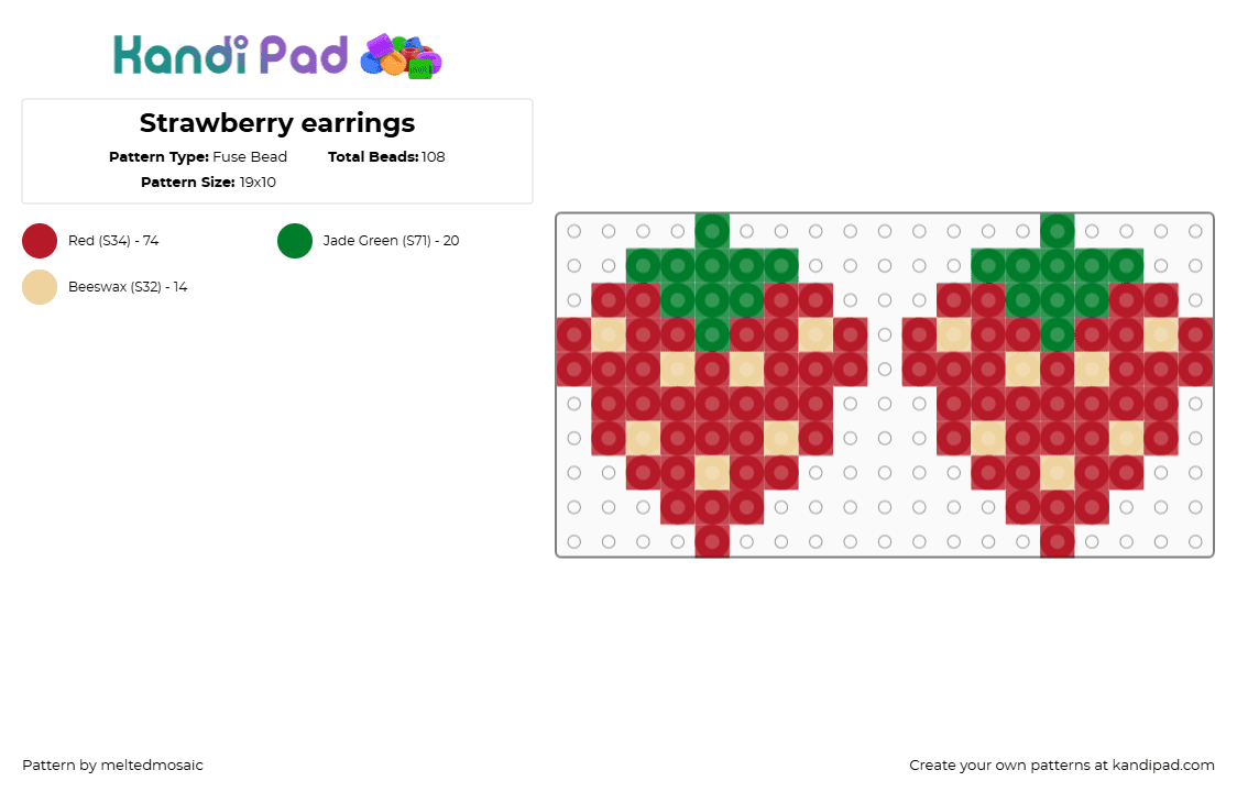 Strawberry earrings - Fuse Bead Pattern by meltedmosaic on Kandi Pad - strawberries,earriens,fruit,food,red,green