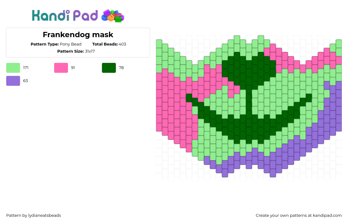 Frankendog mask - Pony Bead Pattern by lydianeatsbeads on Kandi Pad - frankendog,fursona,furry,mask,mouth,green,pink,purple