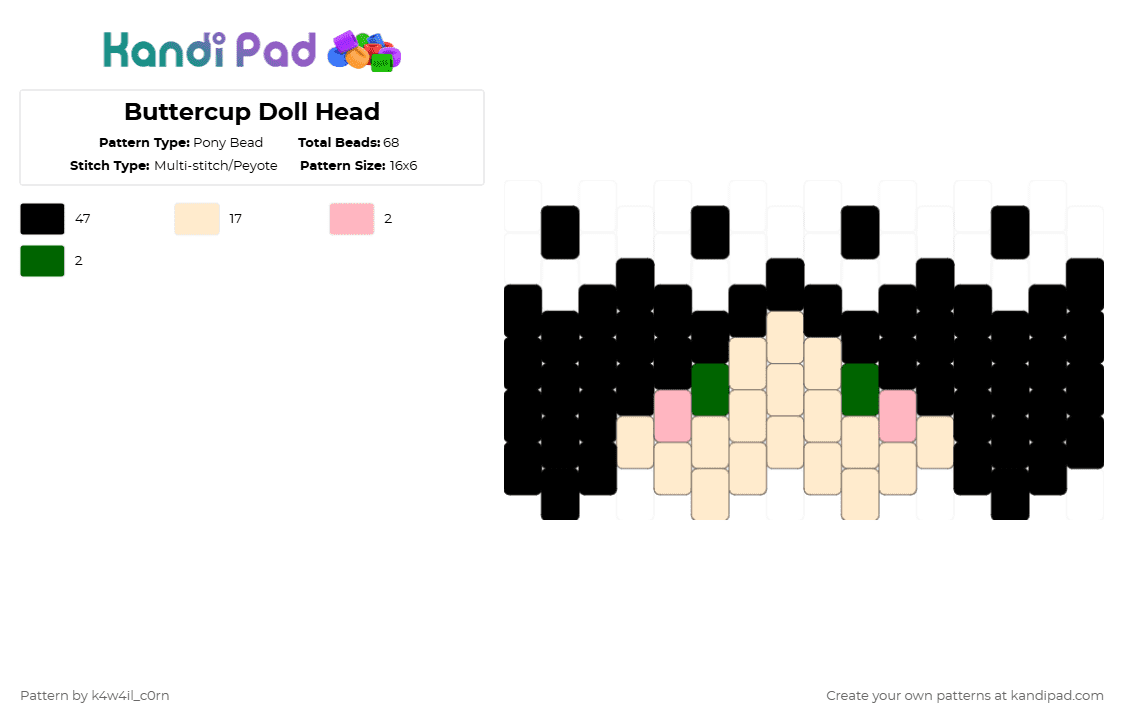 Buttercup Doll Head - Pony Bead Pattern by k4w4il_c0rn on Kandi Pad - black,beige